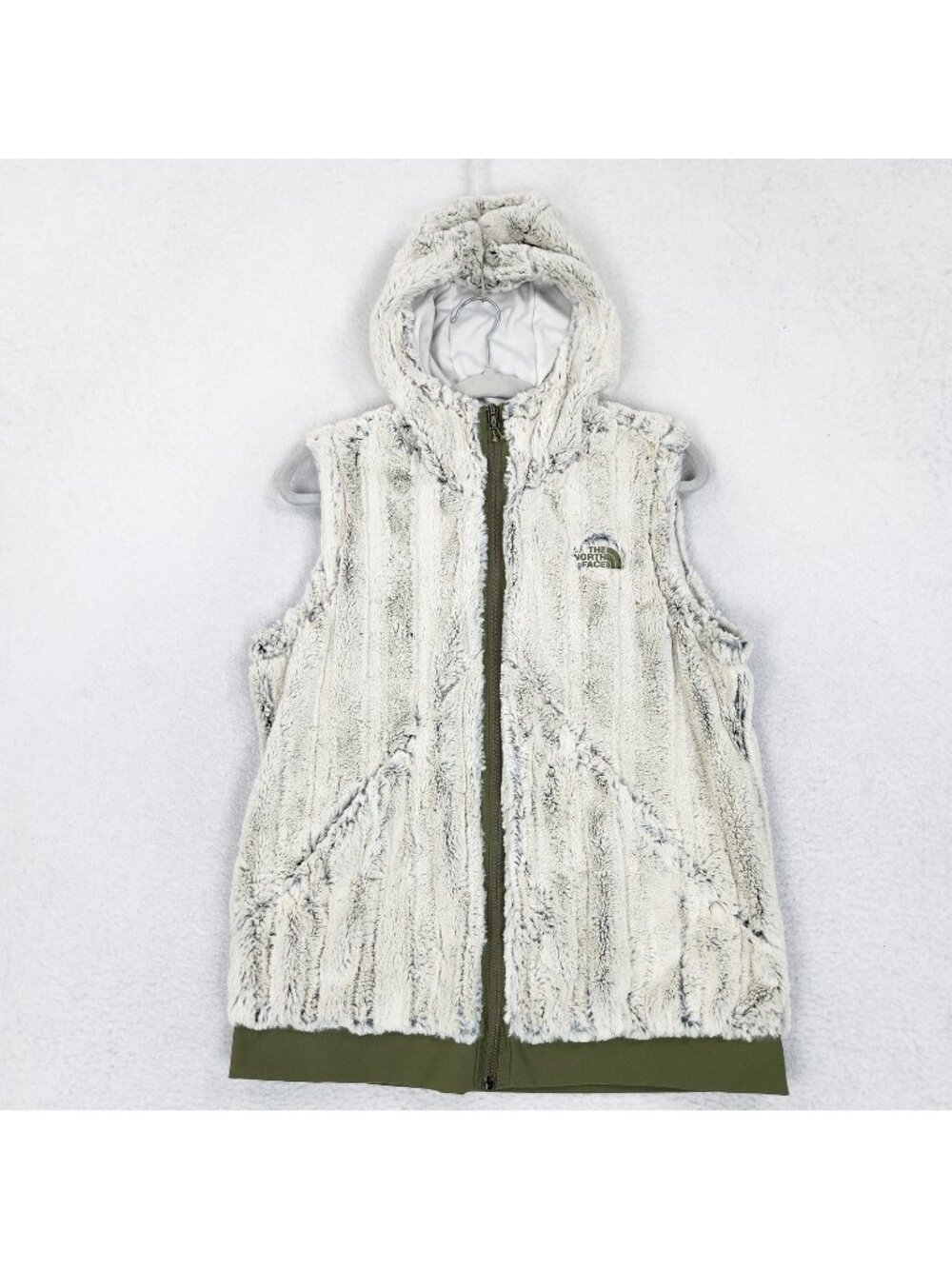 The North Face Vest Womens Medium Green Cream Furlander Faux Fur Fleece Hooded